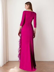V-Neck 3/4 Sleeve Floor-Length Mother of the Bride Sheath Dress with Feathers