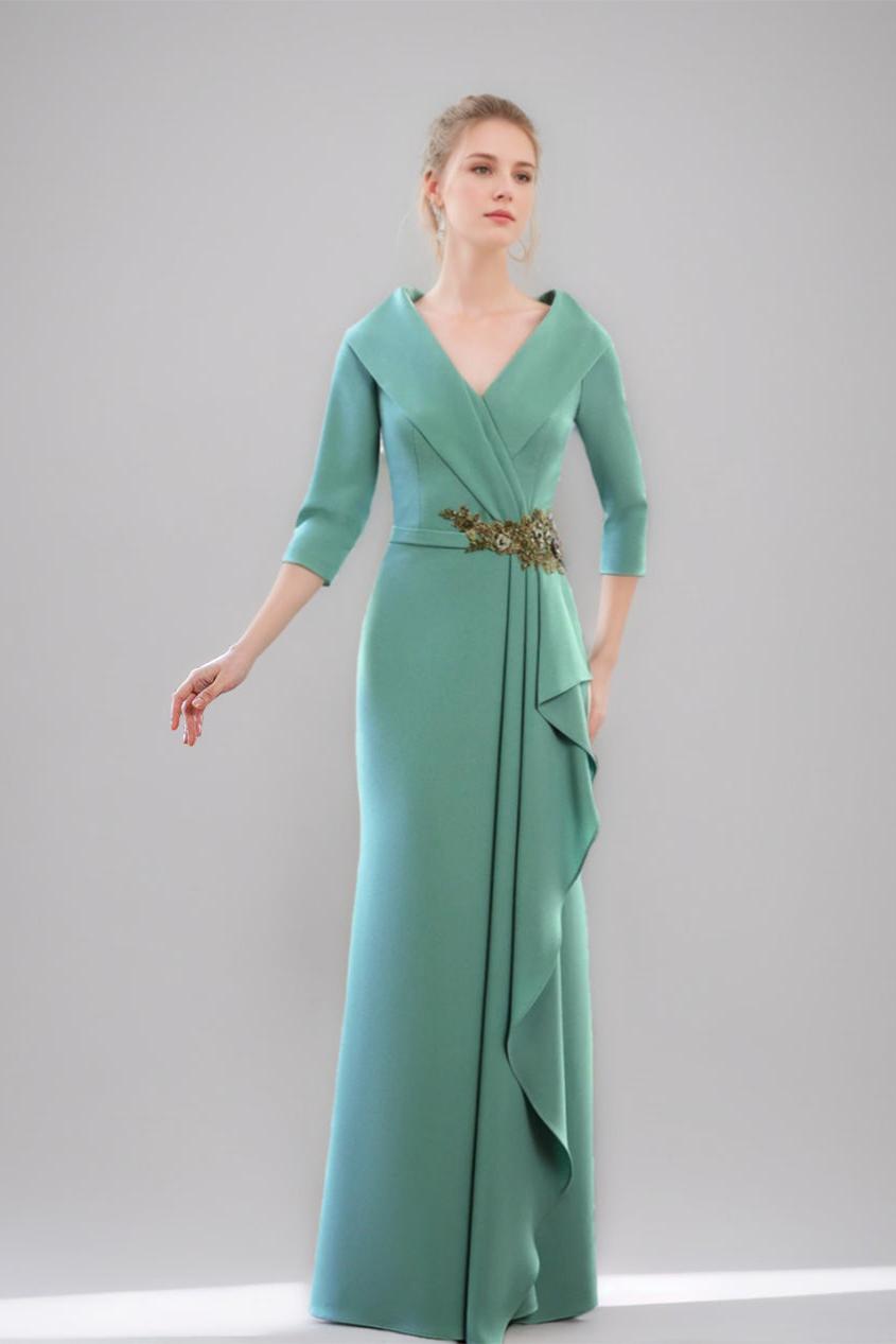 V-Neck 3/4 Sleeve Floor-Length Sheath/Column Mother of the Bride Dress with Ruffles & Jewel Appliques