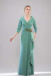 V-Neck 3/4 Sleeve Floor-Length Sheath/Column Mother of the Bride Dress with Ruffles & Jewel Appliques