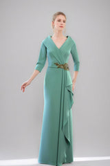 V-Neck 3/4 Sleeve Floor-Length Sheath/Column Mother of the Bride Dress with Ruffles & Jewel Appliques