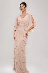 V-Neck 3/4 Sleeve Sheath Dress with Appliques & Ruffles for Mothers of the Bride & Groom