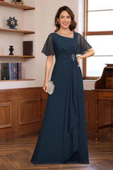 V-Neck A-Line Chiffon Dress with Short Sleeves Ruffles & Appliques for the Mother of the Bride or Groom