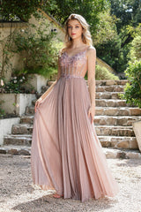 V Neck A Line Formal Dress Sleevelss Prom Evening Dress with Lace Appliques