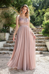 V Neck A Line Formal Dress Sleevelss Prom Evening Dress with Lace Appliques