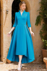 V-Neck A-Line Princess Dress with 3/4 Sleeves Asymmetrical Pleats and Sash for Mother of the Bride