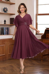 V-Neck A-Line Princess Dresses with Ruched Pleats and Jewel Appliques for Mothers of the Bride & Groom