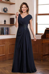 V-Neck A-Line Princess Floor-Length Dresses for Mothers of the Bride & Groom with Ruched Pleats Jewel Appliques & Sequins