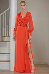 V-Neck A-Line Princess Floor-Length Mother of the Bride Dress With Ruffled Long Sleeves