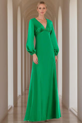 V-Neck A-Line Princess Floor-Length Mother of the Bride Dress with Long Sleeves and Ruffles