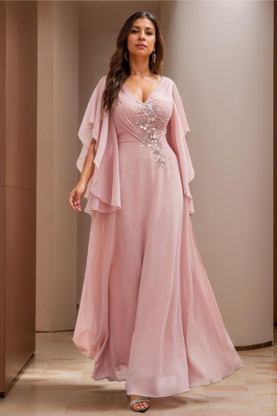 V-Neck A-Line Princess Floor-Length Mother of the Bride Dress with Short Sleeves and Appliques Lace
