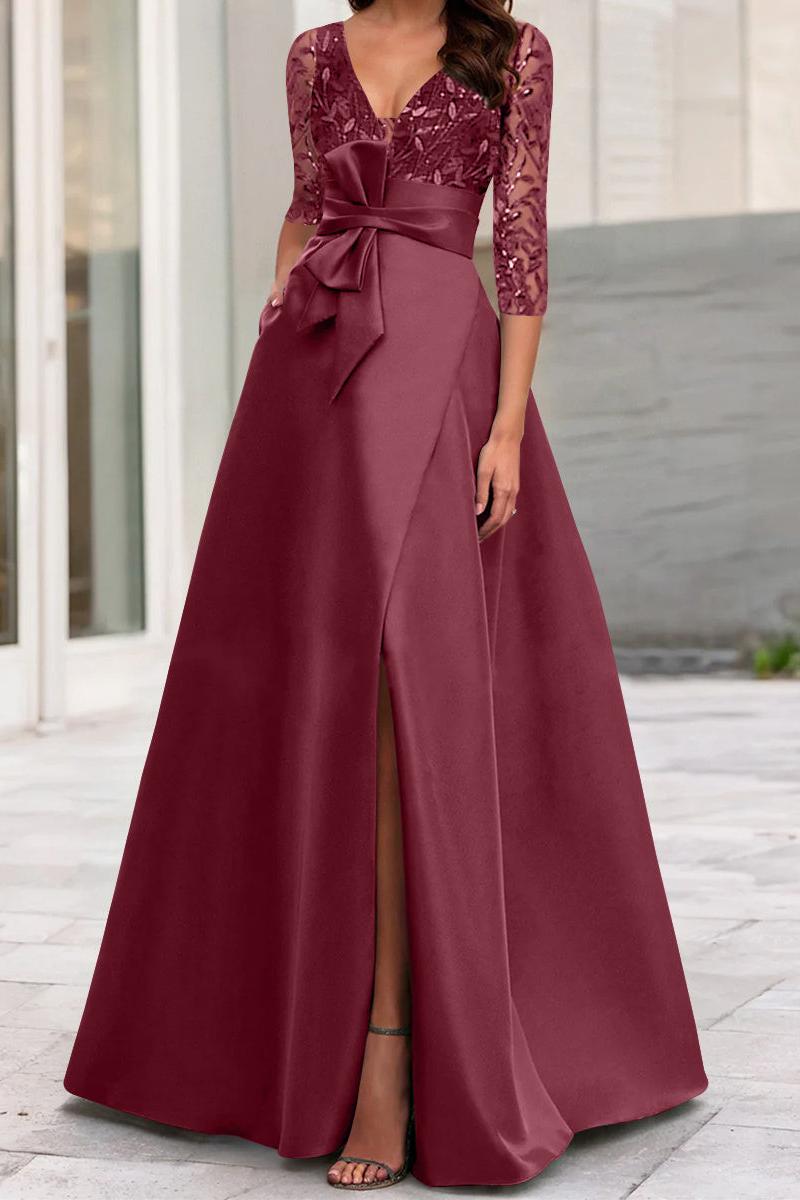 V-Neck A-Line Princess Floor-Length Mother of the Bride Gown with Side Split Ruffles and Sequined Bow(s)
