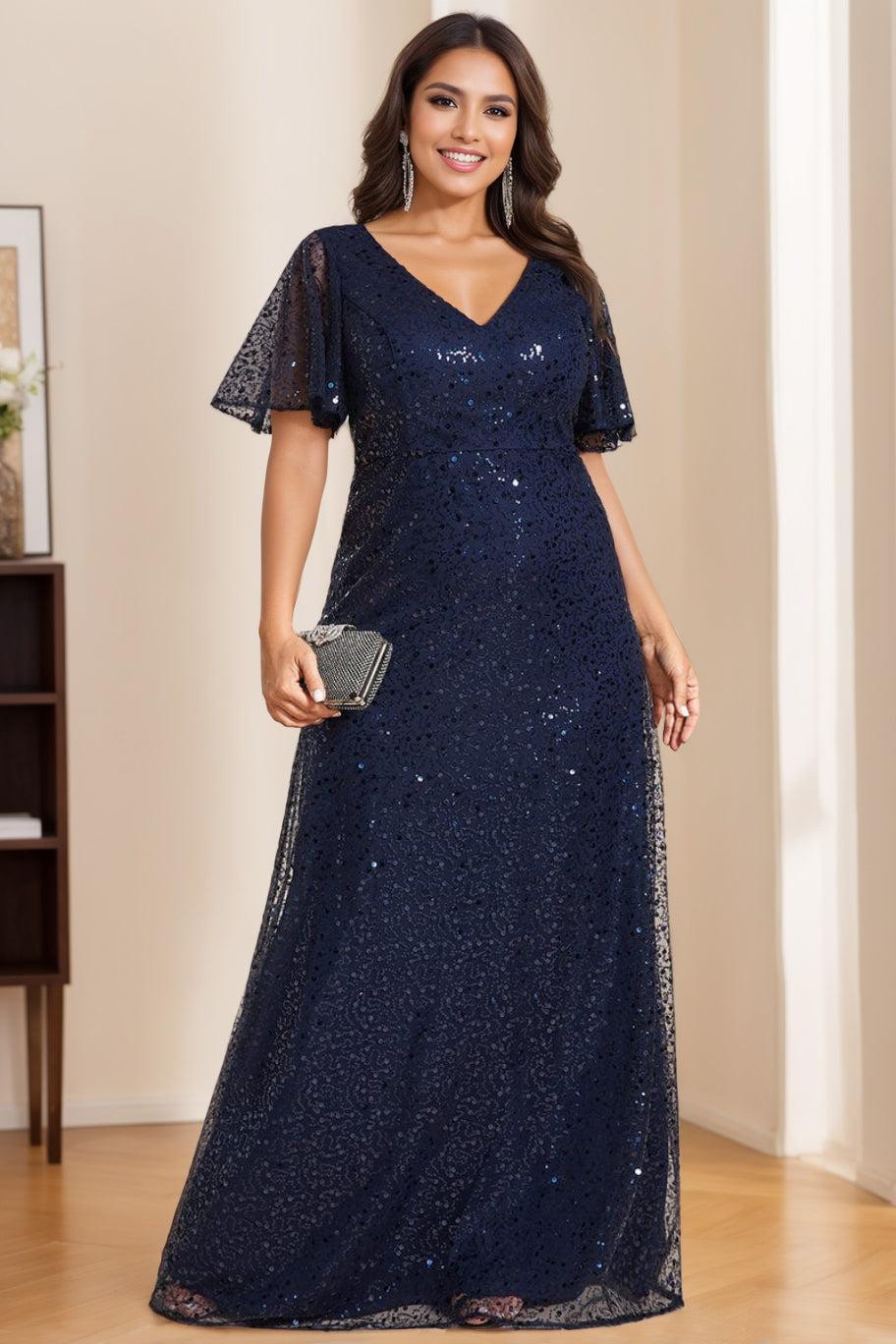 V-Neck A-Line Princess Floor-Length Sequined Dress for Mothers of the Bride and Groom