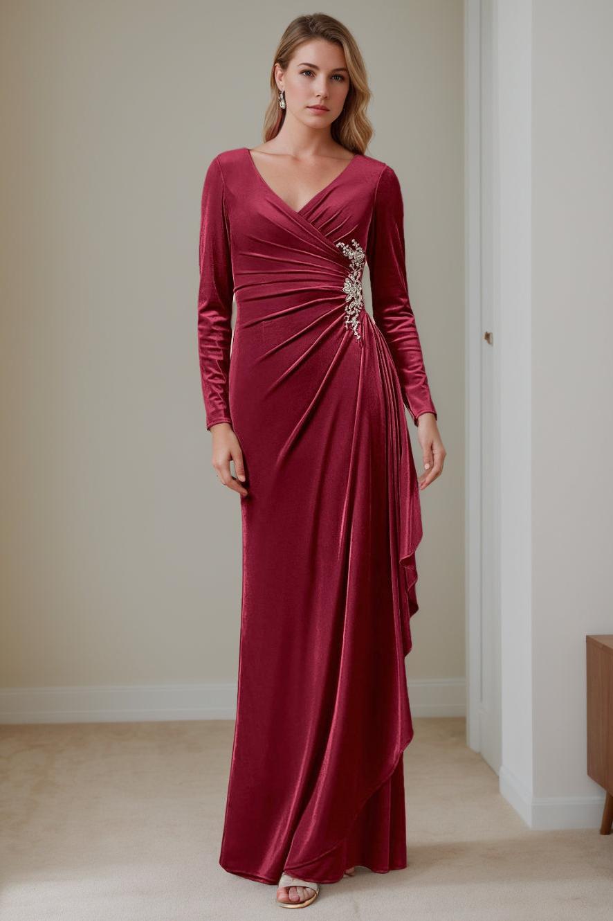 V-Neck A-Line Princess Floor-Length Velvet Mother of the Bride Dress with Ruffled Long Sleeves