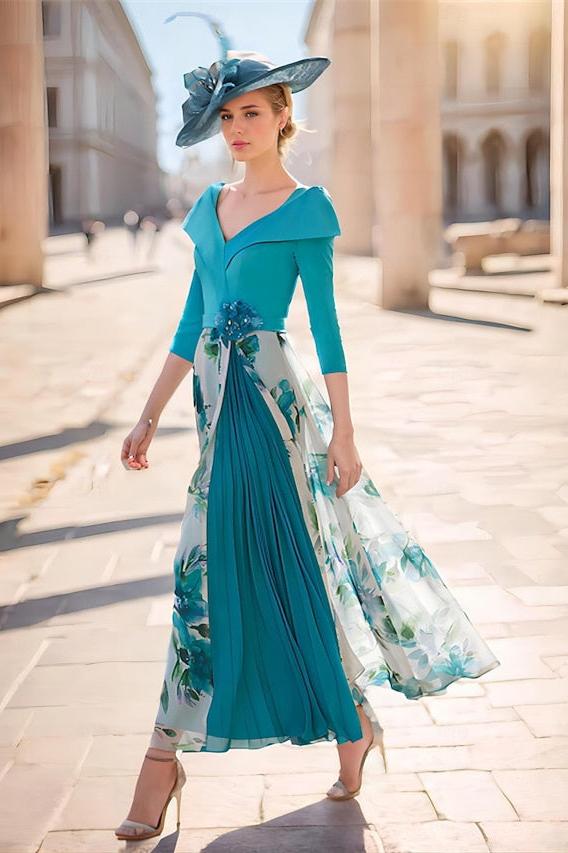 V-Neck A-Line Princess Floral Ankle-Length Dress for The Mother of The Bride with 3/4 Sleeves V-Neck A-Line Princess Floral Ankle-Length Dress for The Mother of The Bride with 3/4 Sleeves
