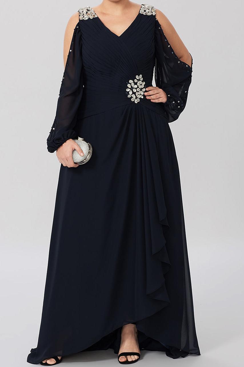 V-Neck A-Line Princess Gown for the Mother of the Bride Embellished with Rhinestones