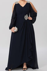 V-Neck A-Line Princess Gown for the Mother of the Bride Embellished with Rhinestones