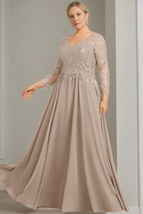 V-Neck A-Line Princess Gown with 3/4 Sleeves and Sequins for Plus-Size Mother of the Bride