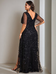 V-Neck A-Line Princess Short Sleeve Asymmetrical Mother of the Bride Dress with Sequins