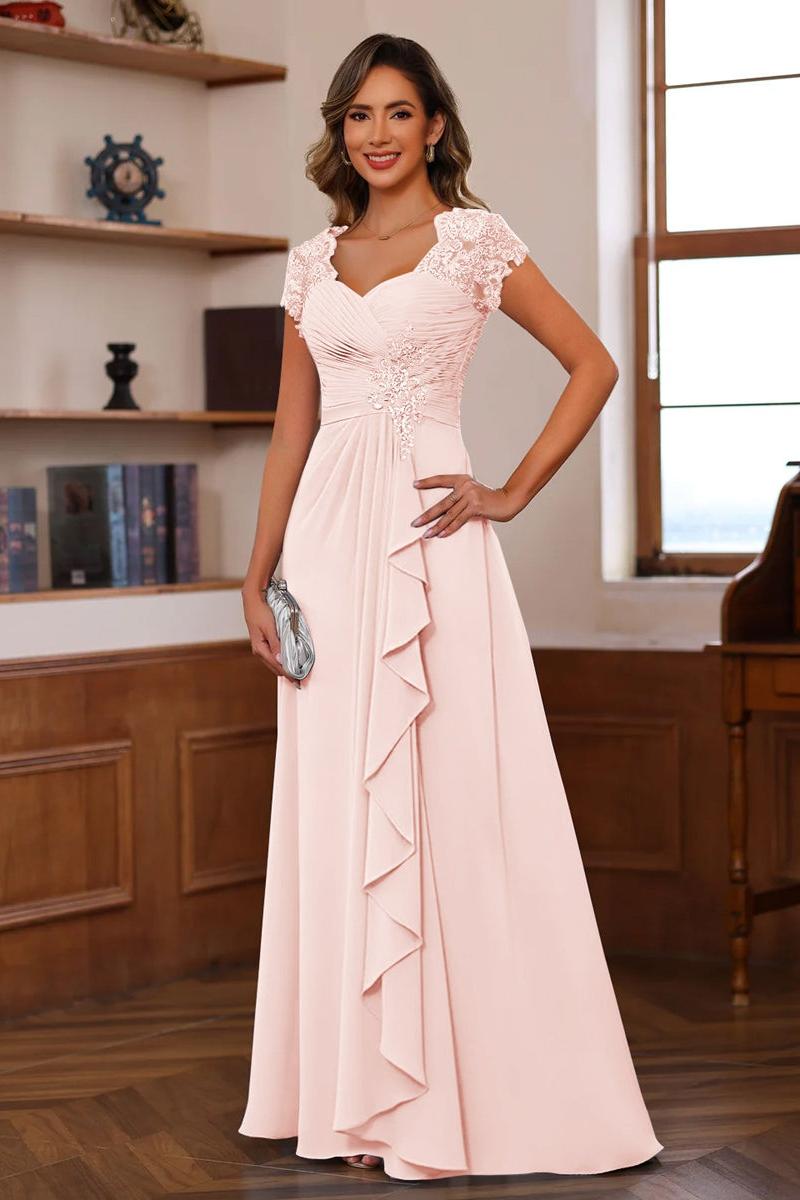 V-Neck A-Line Princess Short Sleeve Dress with Pleats Ruffles & Appliques for Mother of the Bride & Groom