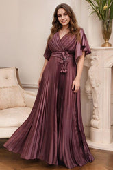 V-Neck A-Line Princess Short Sleeve Mother of the Bride Dress with Belt