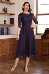 V-Neck A-Line Princess Tea-Length Dress with Half Sleeves and Lace Appliques for Mothers