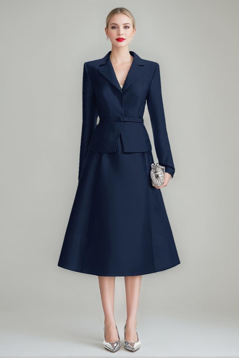 V-Neck A-Line Princess Tea-Length Dress with Long Sleeves and Belt for Mothers of the Bride & Groom