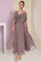 V-Neck A-Line Princess Tea-Length Dresses for the Mother of the Bride