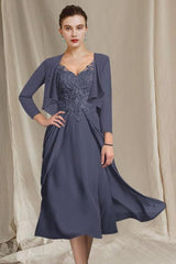 V-Neck A-Line Princess Tea-Length Dresses for the Mother of the Bride