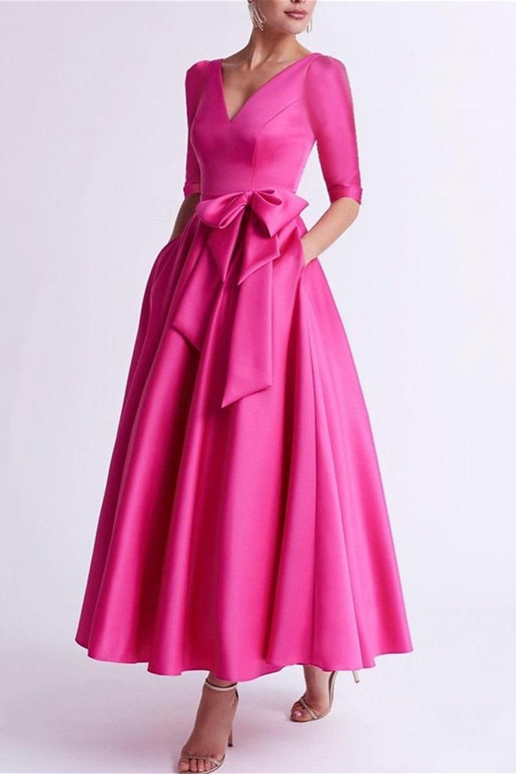 V-Neck A-Line Princess Tea-Length Satin Mother of the Bride Dress with Bow(s) and 3/4 Sleeves