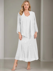 V-Neck A-Line Princess Two-Piece Plus Size Mother of the Bride Dress with Jacket and Sequins in Tea-Length