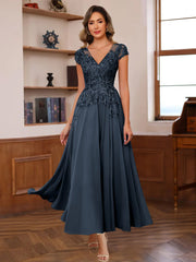 V-Neck A-Line Short Sleeve Ankle-Length Mother of the Bride Dress with Lace Appliques