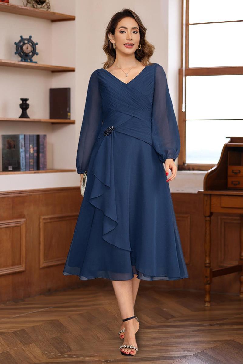 V-Neck A-Line Tea-Length Dress with Long Sleeves Pleats and Appliques for Mothers of the Bride & Groom