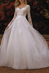 V Neck A Line Wedding Dress With Long Sleeves Lace/Tulle and Appliques Lace