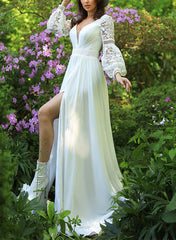 V Neck A Line Wedding Dress with Long Sleeves and Sweep Train in Chiffon/Lace