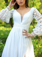 V Neck A Line Wedding Dress with Long Sleeves and Sweep Train in Chiffon/Lace