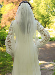 V Neck A Line Wedding Dress with Long Sleeves and Sweep Train in Chiffon/Lace