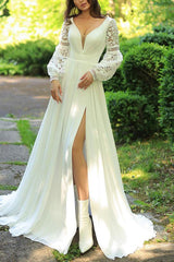 V Neck A Line Wedding Dress with Long Sleeves and Sweep Train in Chiffon/Lace