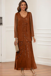 V-Neck Ankle-Length Sheath/Column Dress with Jacket & Sequins for Mothers of the Bride & Groom
