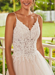 V Neck Ball Gown Wedding Dress With Lace/Tulle Sweep Train and Appliques