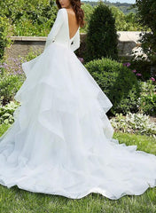 V Neck Ball Gown Wedding Dress with Long Sleeves and Cascading Ruffles in Satin/Organza