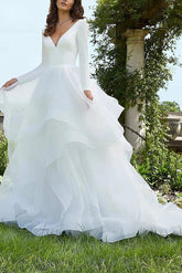 V Neck Ball Gown Wedding Dress with Long Sleeves and Cascading Ruffles in Satin/Organza