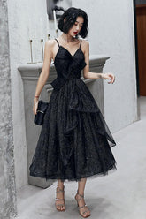 V Neck Black Prom Dress Tulle Short Party Dress Evening Dress