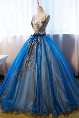 V Neck Blue Prom Dress Embroidery Long Sweet 16 Dress Evening Dress