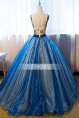 V Neck Blue Prom Dress Embroidery Long Sweet 16 Dress Evening Dress