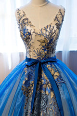 V Neck Blue Prom Dress Embroidery Long Sweet 16 Dress Evening Dress