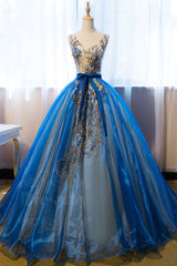 V Neck Blue Prom Dress Embroidery Long Sweet 16 Dress Evening Dress