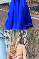 V Neck Blue Prom Dress Satin Long Formal Dress Evening Dress
