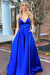 V Neck Blue Prom Dress Satin Long Formal Dress Evening Dress
