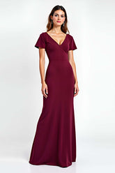 V-Neck Burgundy Wedding Guest Dress Short Sleeves Long Formal Dress