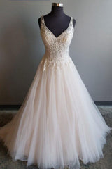 V Neck Champagne Prom Dress Tulle Lace Long Evening Dress